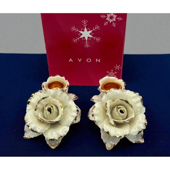 Avon Winter Rose Porcelain Candle Holders Vintage Christmas Rose Pair Gold Trim - Picture 1 of 12